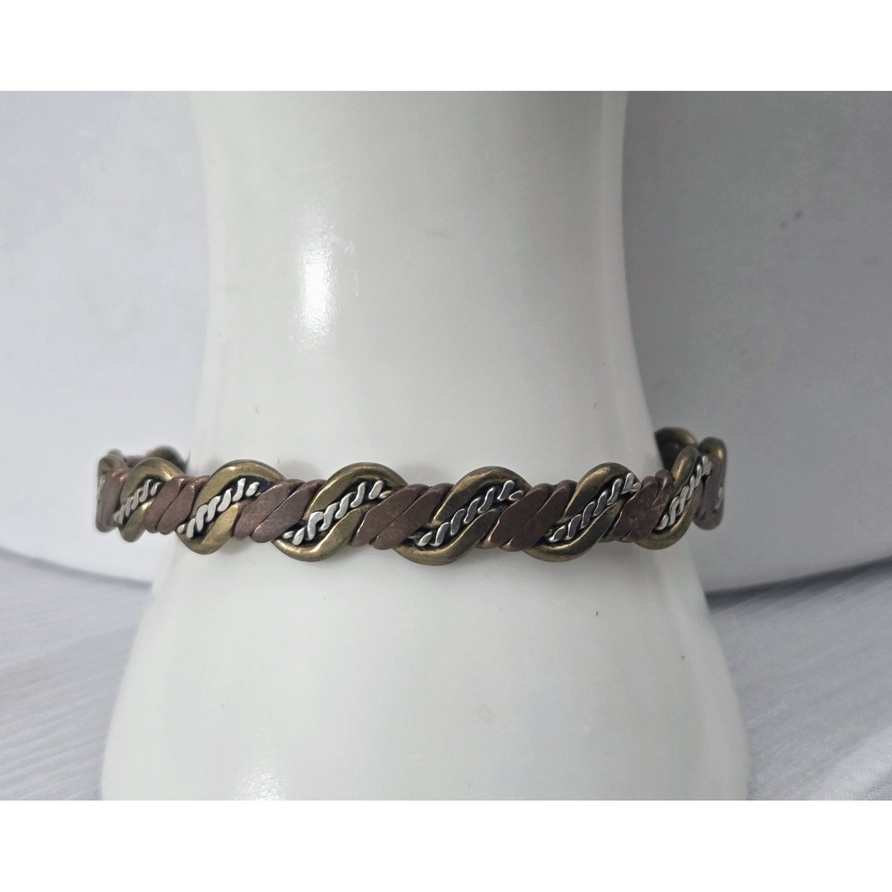 Vintage Cuff Bracelet Braided Brass Silver Copper‎ Artisan Mixed Metals Handmade